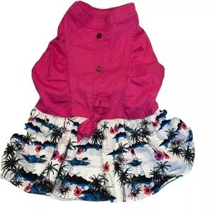 Top paw pink Dog dress tropical Hawaiian Palm Tree Flowers Island Button Bow Tie